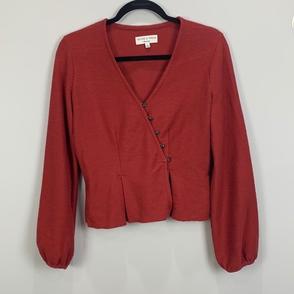 Madewell Texture & Thread Button Wrap Top- Burnt Orange - Picture 2 of 11